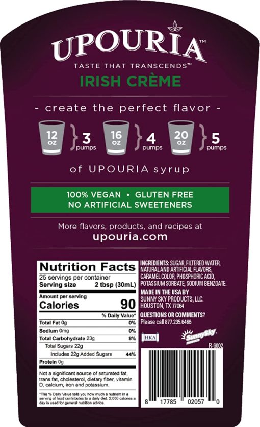 Upouria Irish Crème Coffee Syrup Flavoring, 100% Vegan, Gluten Free, Kosher, 750 mL Bottle - Coffee Syrup Pump Included - Image 2