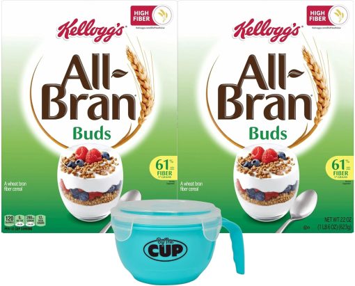 Kellogg's All-Bran Buds Cereal, 22 Ounce Box (Pack of 2) with By The Cup Cereal Bowl