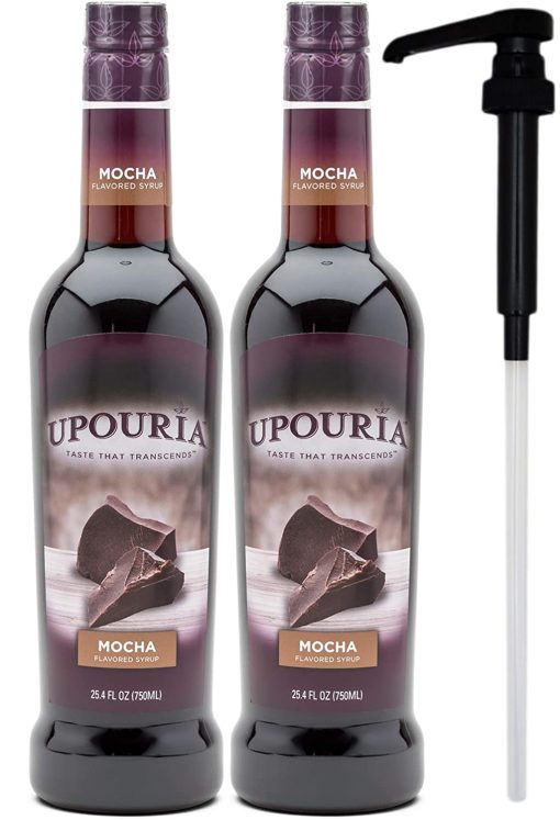 Upouria Mocha Coffee Syrup Flavoring, 100% Vegan, Gluten-Free, Kosher, 750 mL Bottle (Pack of 2) with 1 Syrup Pump