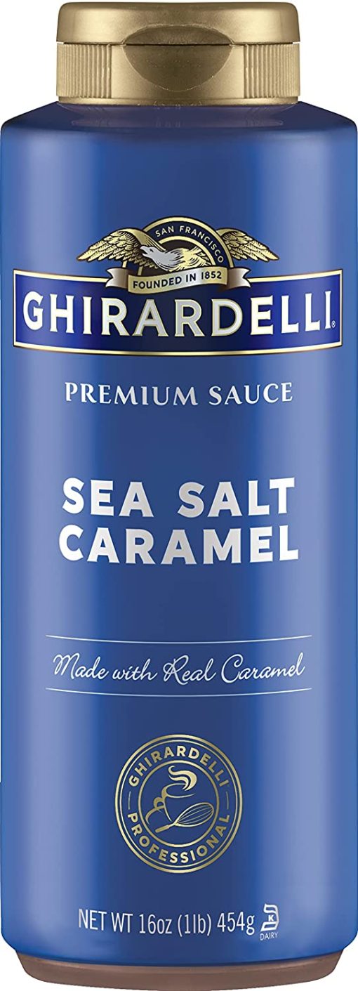 Ghirardelli Sea Salt Caramel Flavored Sauce, 16 Ounce Squeeze Bottle with Ghirardelli Stamped Barista Spoon - Image 2