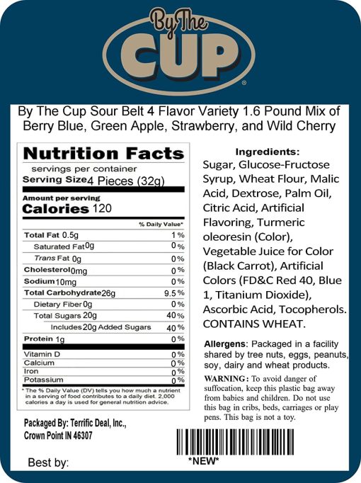 By The Cup Sour Belt 4 Flavor Variety 1.6 Pound Mix of Berry Blue, Green Apple, Strawberry, and Wild Cherry - Image 7