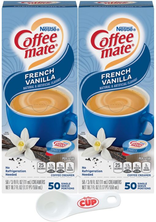 Nestle Coffee mate Liquid Coffee Creamer Singles, French Vanilla, 50 Ct Box (Pack of 2) with By The Cup Coffee Scoop