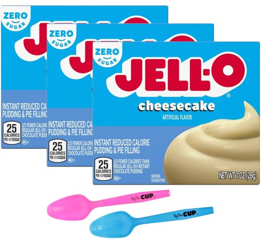 Jell-O Zero Sugar Cheesecake Instant Pudding & Pie Filling Mix 1 oz Box (Pack of 3) with By The Cup Mood Spoons