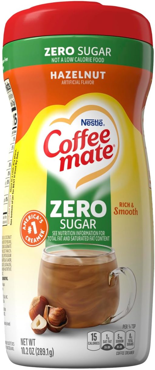 Coffee mate Hazelnut Zero Sugar Powdered Creamer, 10.2 oz Canister (Pack of 2) with By The Cup Coffee Scoop - Image 2