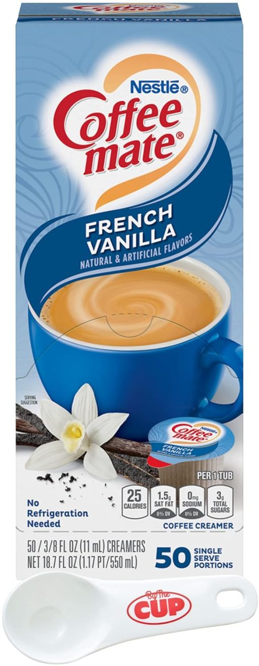 Nestle Coffee mate Liquid Coffee Creamer Singles, French Vanilla, 50 Ct Box with By The Cup Coffee Scoop