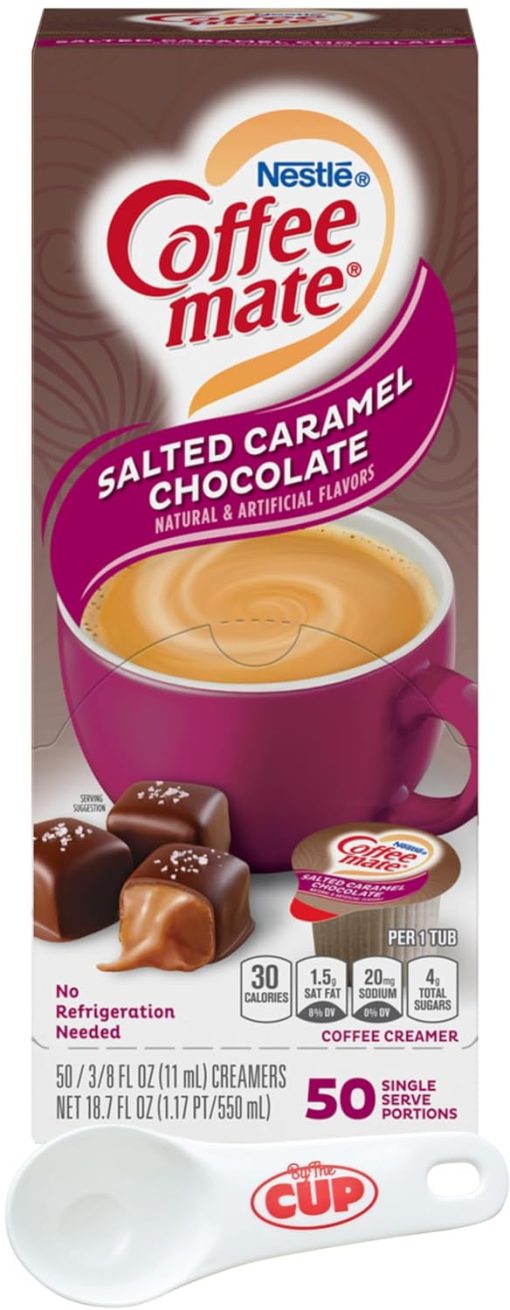 Nestle Coffee mate Liquid Coffee Creamer Singles, Salted Caramel Chocolate, 50 Ct Box with By The Cup Coffee Scoop