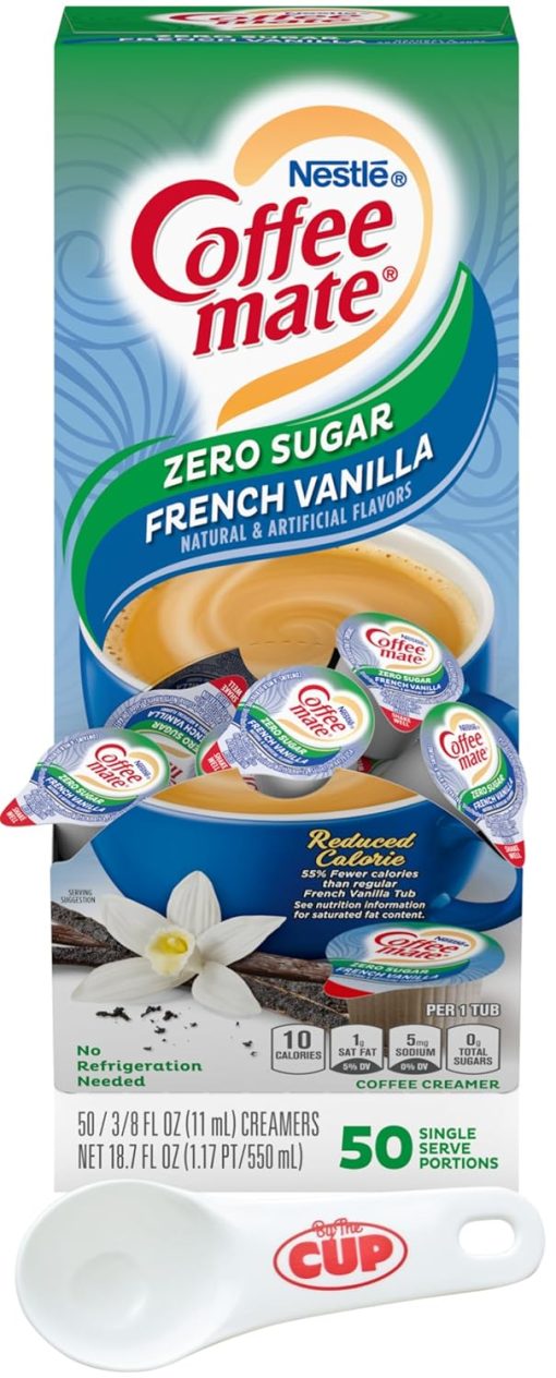 Nestle Coffee mate Liquid Coffee Creamer Singles, Zero Sugar French Vanilla, 50 Ct Box with By The Cup Coffee Scoop