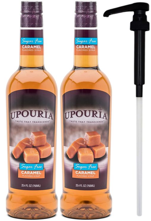 Upouria Sugar Free Caramel Coffee Syrup Flavoring, 100% Vegan, Gluten-Free, Kosher, Keto, 750 mL Bottle (Pack of 2) with 1 Syrup Pump