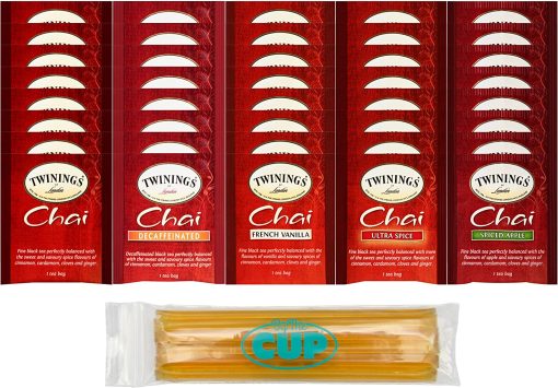 Twinings Chai Tea Bag Variety, 8 of each: Chai, Decaffeinated Chai, Ultra Spice, Spiced Apple, French Vanilla (Pack of 40) with By The Cup Honey Sticks