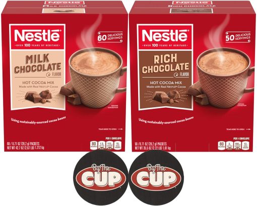 Nestlé Hot Cocoa Mix Variety, Milk Chocolate & Rich Chocolate, 110 Single Serve Hot Cocoa Packets with By The Cup Coasters