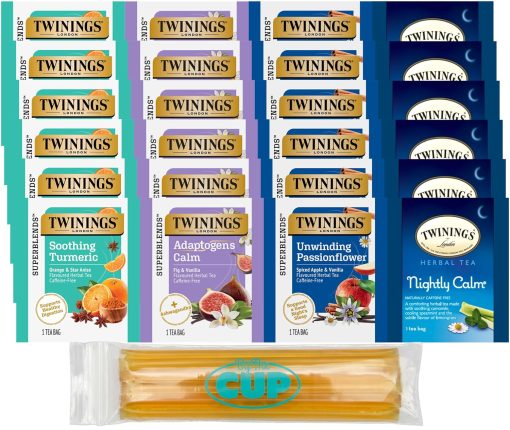 Twinings Relax and Unwind Herbal Tea Bag Sampler (Pack of 24) with By The Cup Honey Sticks