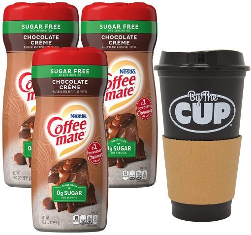 Coffee mate Chocolate Creme Sugar Free Powdered Creamer, 10.2 oz Canister (Pack of 3) with By The Cup Travel Cup