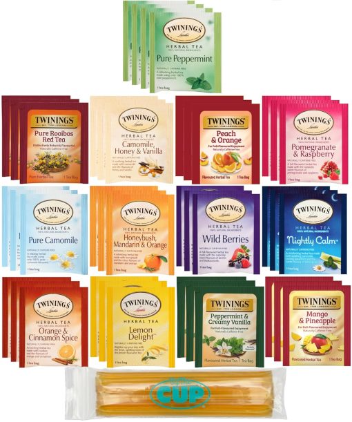 Twinings Herbal Tea Sampler, Naturally Caffeine-Free (Pack of 40) 13 Flavors with By The Cup Honey Sticks