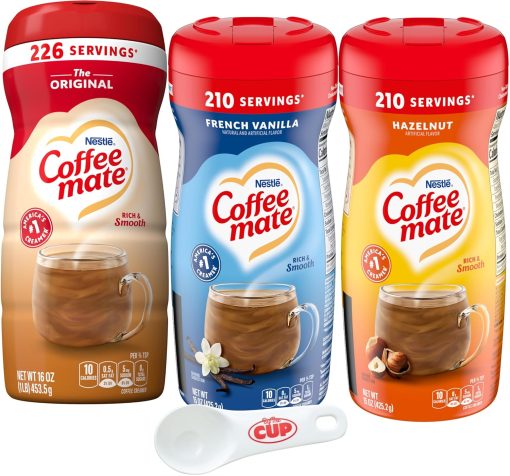 Coffee mate French Vanilla 15 oz, Hazelnut 15 oz, Original 16 oz Powdered Creamer Variety (Pack of 3) with By The Cup Coffee Scoop