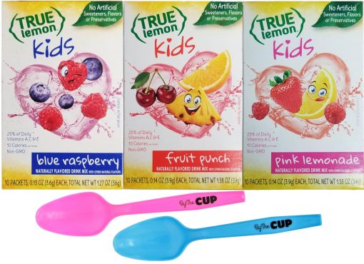 True Lemon Kids Variety, 1 of each Blue Raspberry, Fruit Punch, Pink Lemonade (Pack of 3) with By the Cup Mood Spoons