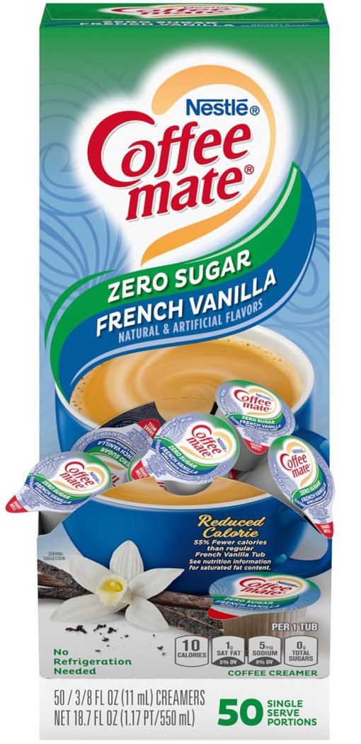 Nestle Coffee mate Liquid Coffee Creamer Singles Variety, Zero Sugar French Vanilla 50 Ct Box, Sugar Free Hazelnut 50 Ct Box with By The Cup Coffee Scoop - Image 4