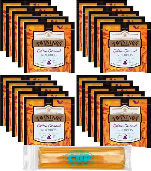 Twinings Discovery Collection Golden Caramel Rooibos, 20 Large Leaf Pyramid Tea Bags with By The Cup Honey Sticks