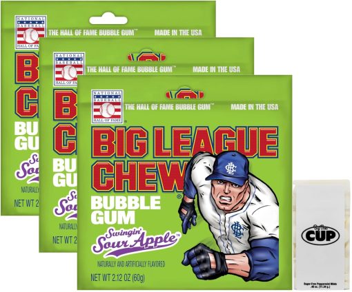 Big League Chew Swingin' Sour Apple Shredded Bubble Gum, 2.12 oz (Pack of 3) with By The Cup Mints