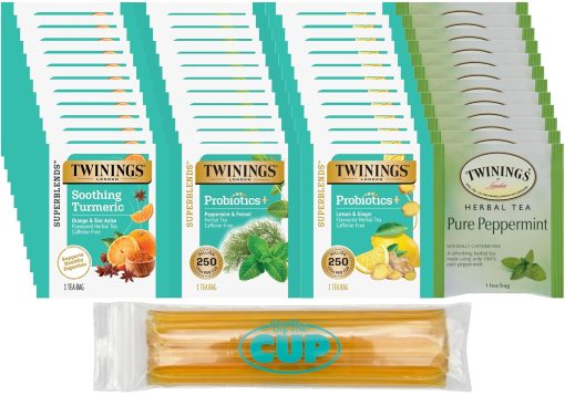 Twinings Belly Relax Sampler (Pack of 48) 4 Flavors, 12 of Each: Turmeric, Orange & Anise, Peppermint & Fennel, Lemon & Ginger, Pure Peppermint with By The Cup Honey Sticks