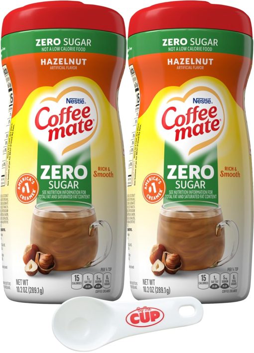 Coffee mate Hazelnut Zero Sugar Powdered Creamer, 10.2 oz Canister (Pack of 2) with By The Cup Coffee Scoop