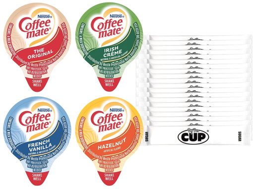 Coffee mate Liquid .375oz Variety Pack (4 Flavor) 100 Count includes Original, French Vanilla, Hazelnut, Irish Creme & By The Cup Sugar Packets