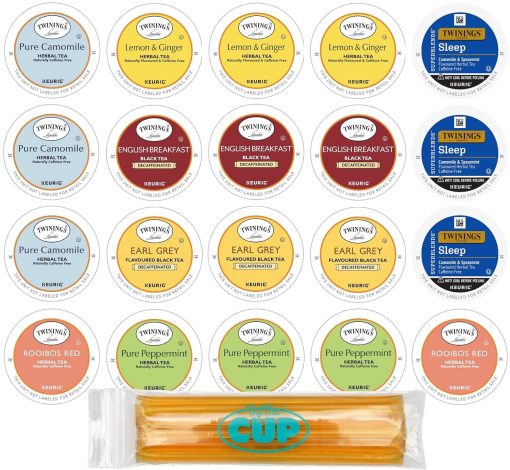 Twinings Herbal & Decaffeinated Tea Sampler - 20 Count Assorted Keurig 2.0 K-Cups - with 10 By The Cup Honey Stix