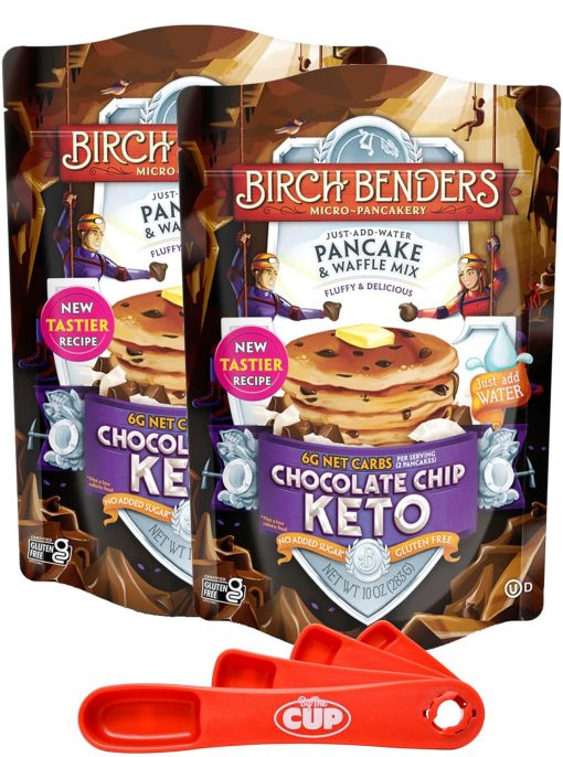 Birch Benders Keto Chocolate Chip Pancake and Waffle Mix, 10oz (Pack of 2) with By The Cup Swivel Spoons