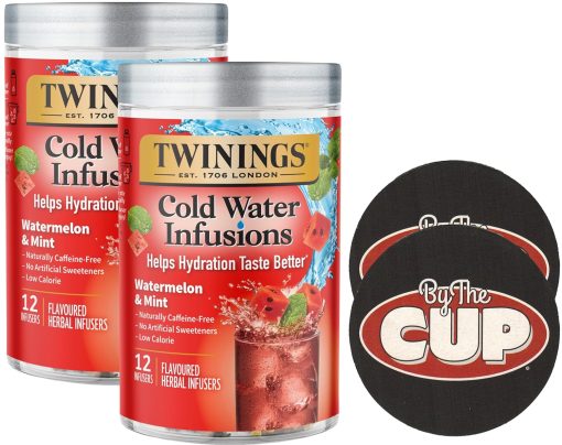 Twinings Cold Infuse Flavoured Cold Water Enhancer Watermelon & Mint (Pack of 2) with By The Cup Coasters