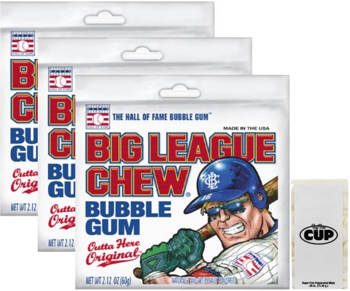 Big League Chew Outta Here Original Shredded Bubble Gum, 2.12 oz (Pack of 3) with By The Cup Mints