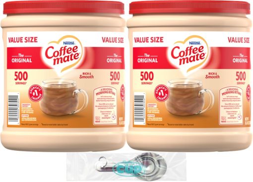 Coffee mate Original Powder Creamer, 35.3 oz Canister (Pack of 2) with By The Cup Stainless Steel Measuring Spoons