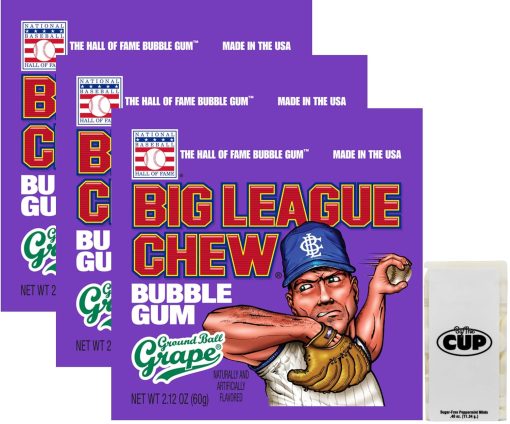 Big League Chew Ground Ball Grape Shredded Bubble Gum, 2.12 oz (Pack of 3) with By The Cup Mints