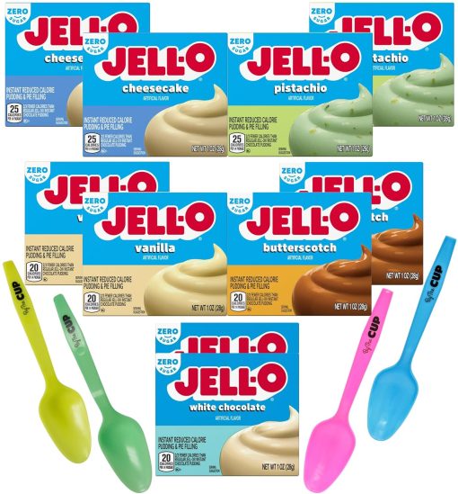 Jell-O Sugar Free Instant Pudding & Pie Filling Mix, 5 Flavor Variety, 2 of each Flavor with By The Cup Mood Spoons