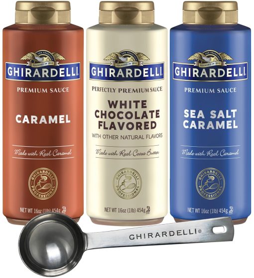 Ghirardelli Sea Salt Caramel, White Chocolate and Caramel Flavored Sauce 16 oz Bottles (Pack of 3) with Ghirardelli Stamped Barista Spoon