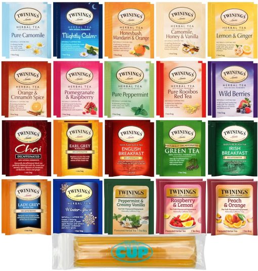 Twinings Herbal & Decaf Tea Sampler (40 Count) with By The Cup Honey Sticks