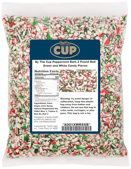 By The Cup Peppermint Bark Candy 2 Pound Red Green and White Candy Pieces