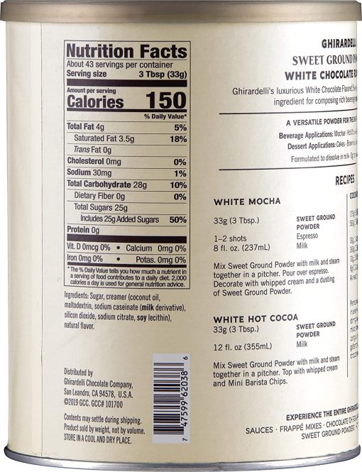 Ghirardelli Sweet Ground Premium Powder 3 Flavor Variety, 1-3 Pound Can Each, White Chocolate, Chocolate, and Dark Chocolate with Ghirardelli Stamped Barista Spoon - Image 2