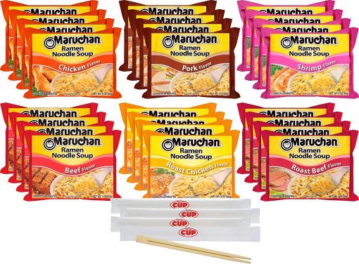 Maruchan Ramen Noodle Soup Variety - 6 Flavors, Pack of 24 with By The Cup Chopsticks