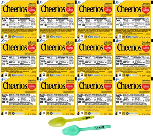 Cheerios Toasted Whole Grain Gluten-Free Cereal, 1.0 oz Single Serve Bowls (Pack of 12) with 2 By The Cup Mood Spoons