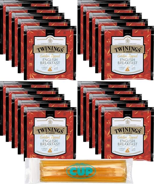 Twinings Discovery Collection Golden Tipped English Breakfast, 20 Large Leaf Pyramid Tea Bags with By The Cup Honey Sticks