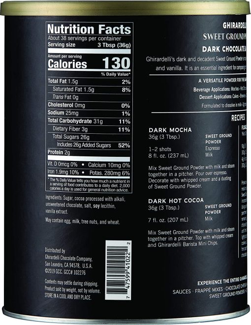 Ghirardelli Sweet Ground Premium Powder 3 Flavor Variety, 1-3 Pound Can Each, White Chocolate, Chocolate, and Dark Chocolate with Ghirardelli Stamped Barista Spoon - Image 4