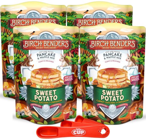 Birch Benders Sweet Potato Pancake and Waffle Mix, 12 oz (Pack of 4) with By The Cup Swivel Spoons